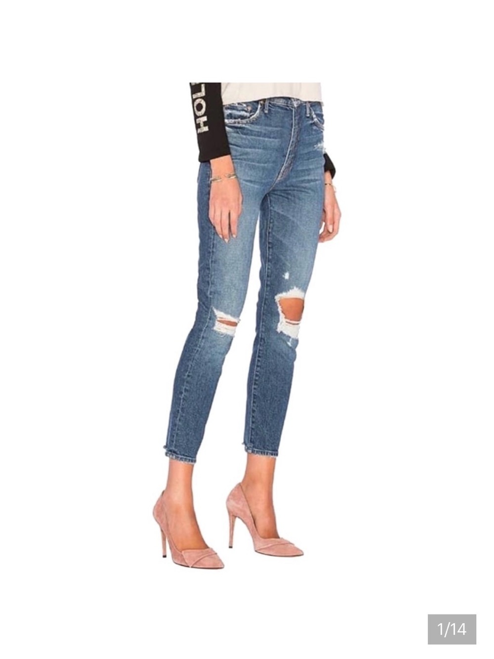 MOTHER Distressed High-Rise Cropped Skinny Jeans - Blue
